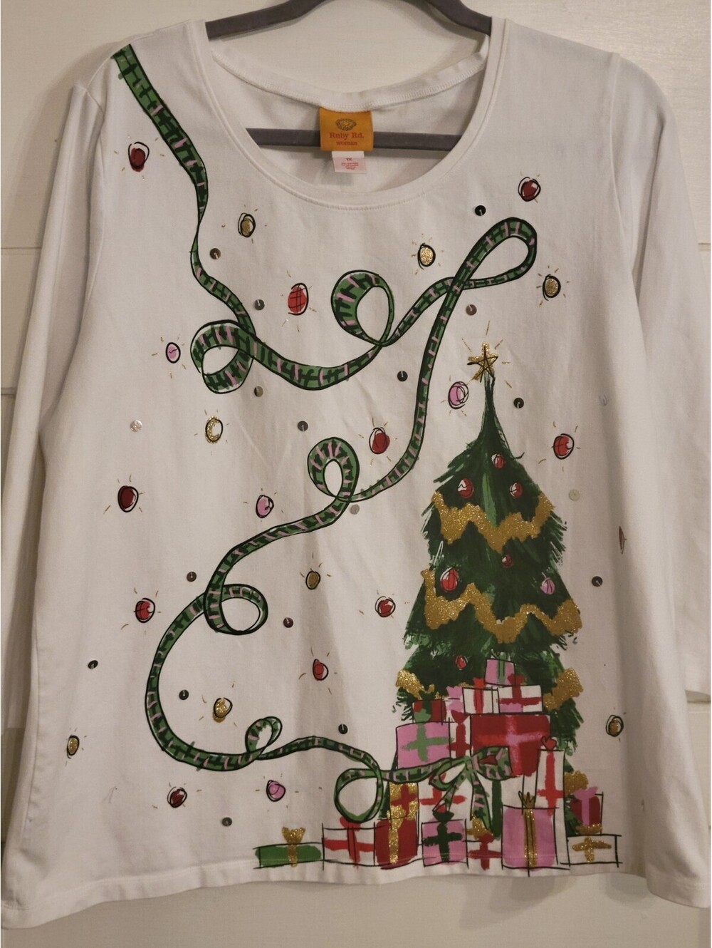 Ruby Rd Womens 1X Christmas Top Blouse Stretch Scoop Neck 3/4 Sleeve Shirt